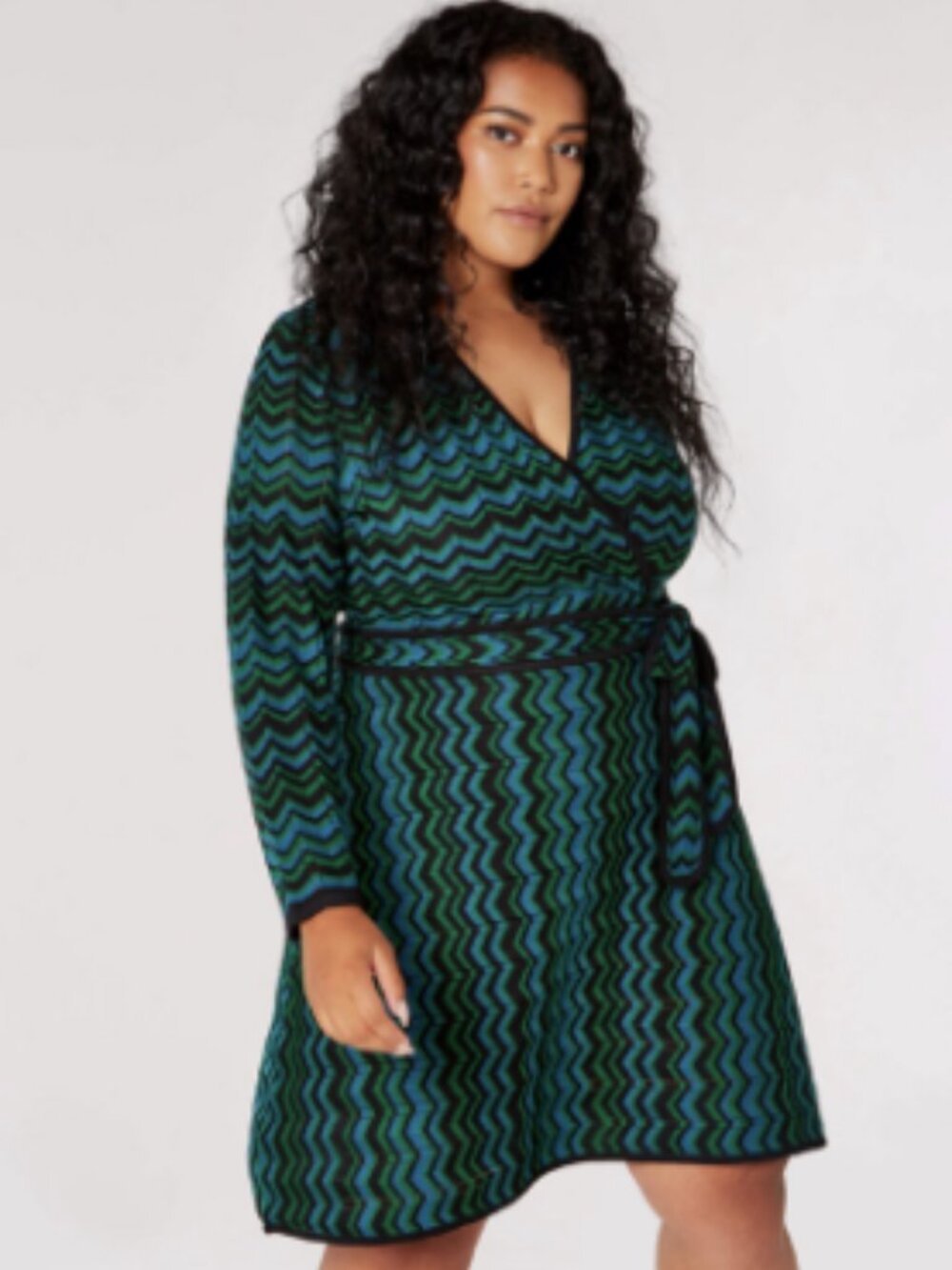 Faux Wrap Sweater Dress with Zig Zag Pattern